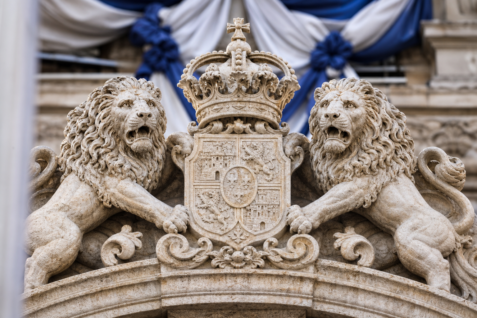 Stone-carved national emblem of twin lions and crown