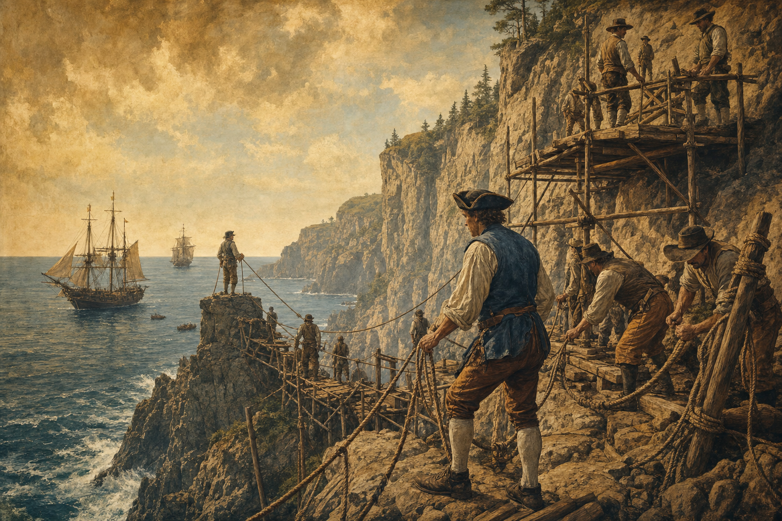 Early settlers constructing the first canyon pathways
