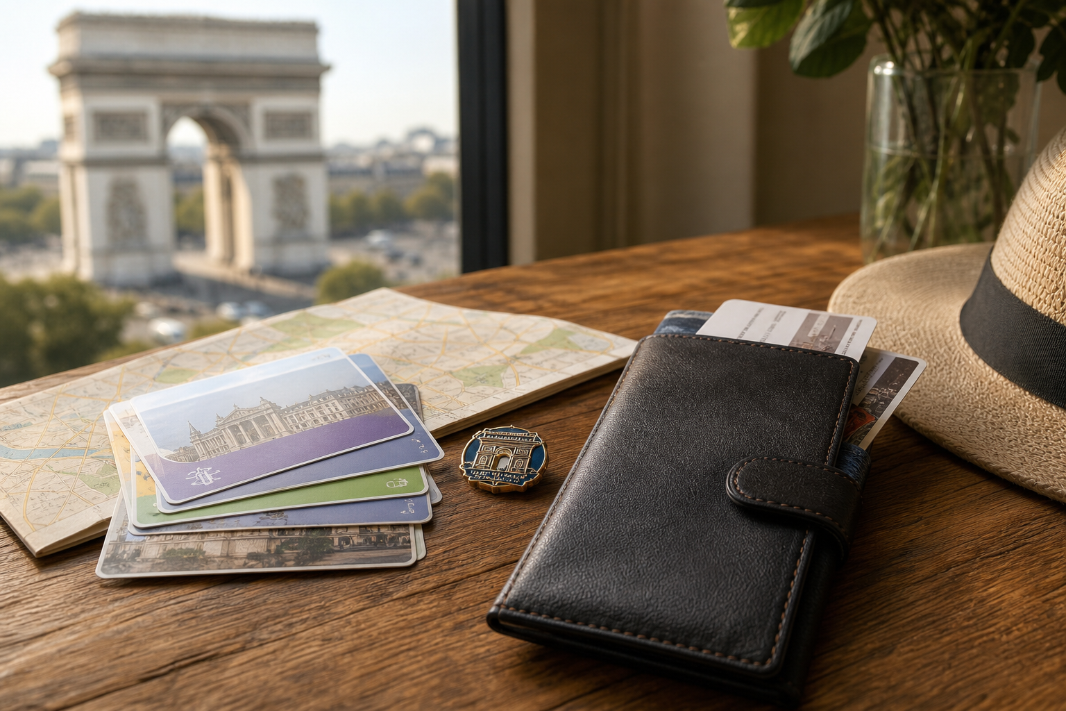 Tourism passes, map, and souvenir pin